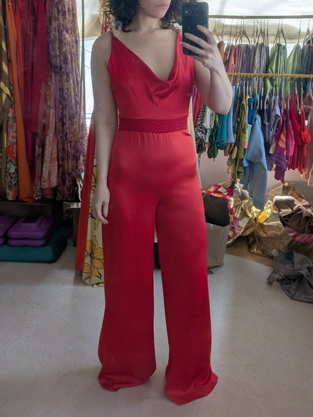 A+O Riska Cowl Neck Chain Strap Jumpsuit in Red & Gold - Picture 8 of 16
